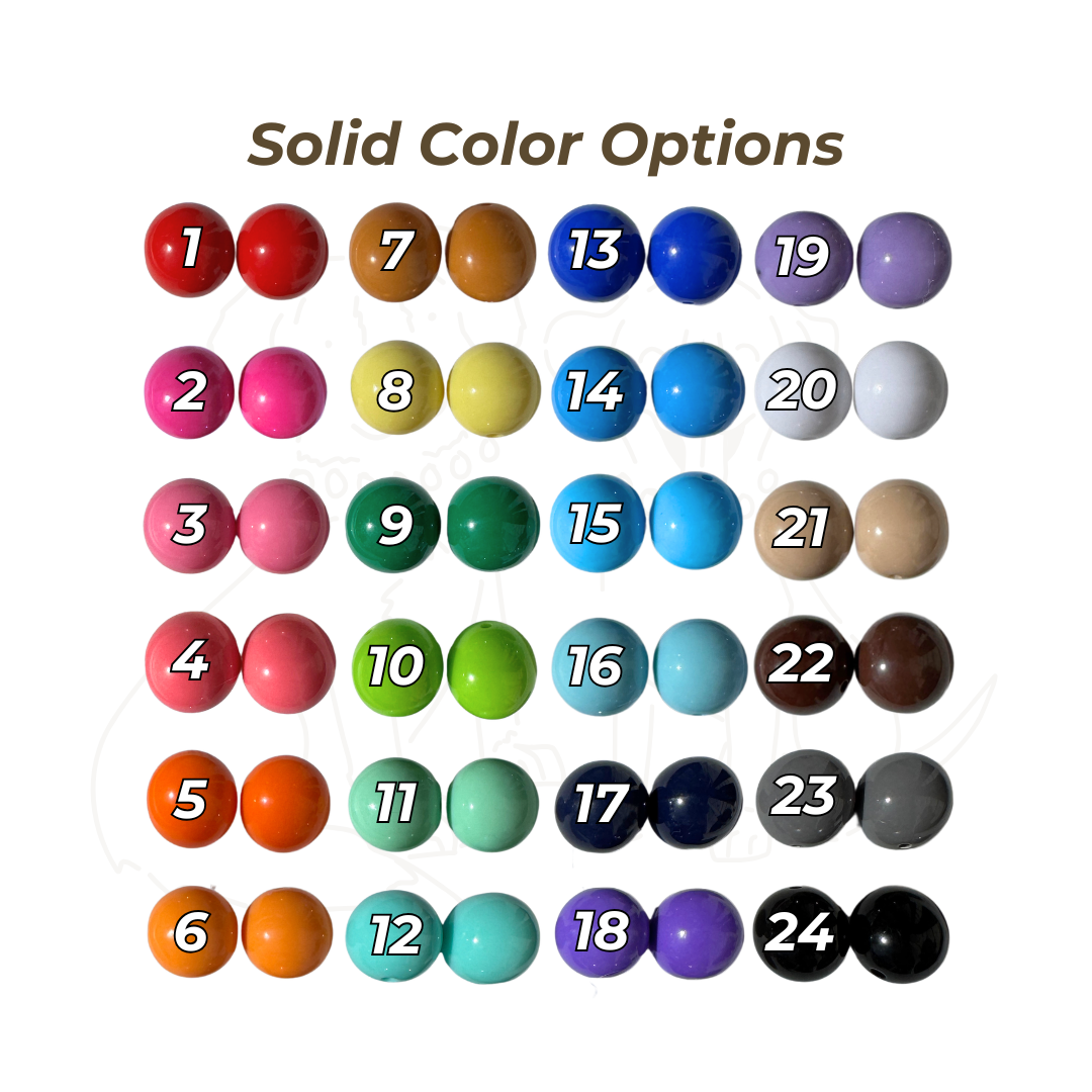 Grid of 24 solid bead colors numbered 1–24, showing the full color selection for Willadore Collar Co.’s custom beaded dog collars