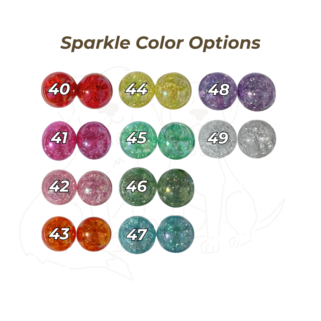 Chart of nine sparkle bead color options numbered 40–49 showing glittery bead choices for customizing Willadore Collar Co.’s handmade beaded dog collars.