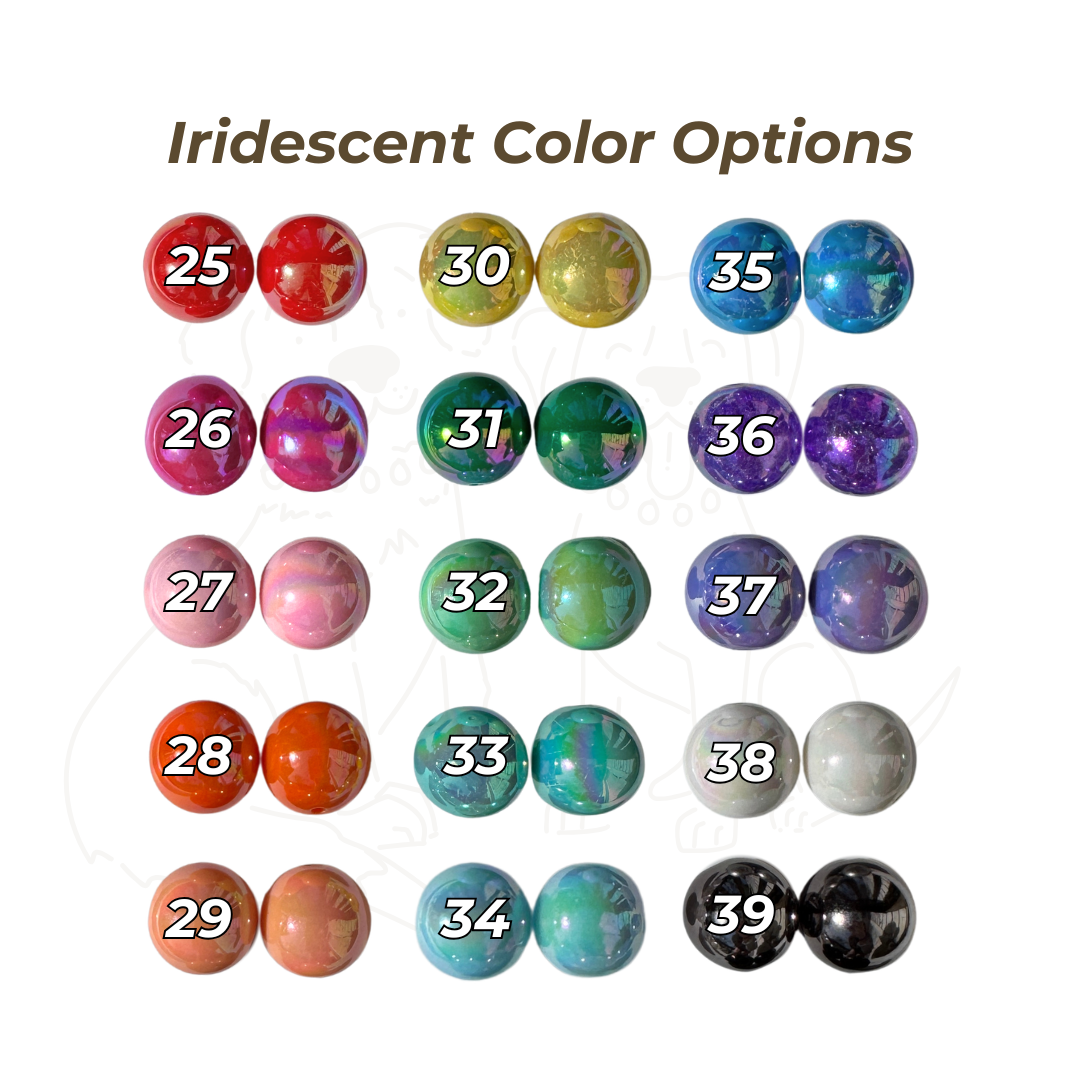 Chart of 15 iridescent bead colors numbered 25–39 showing shimmering color options for Willadore Collar Co.’s custom beaded dog collars.